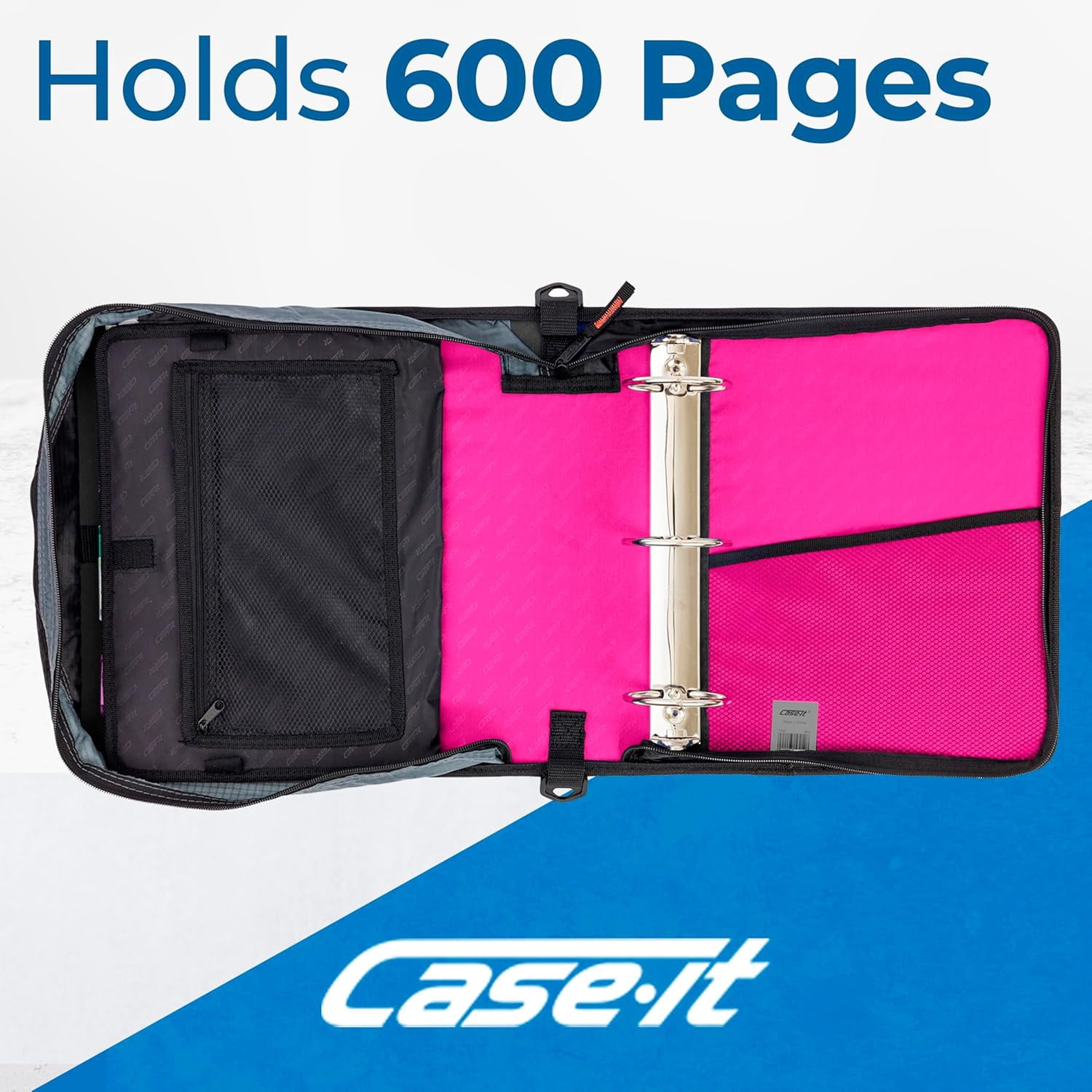 Case-it The Mighty Zip Tab Zipper Binder - 3 Inch O-Rings - 5 Color Tab Expanding File Folder - Multiple Pockets - 600 Sheet Capacity - Comes with Shoulder Strap - Magenta D-146 (6 Pack)