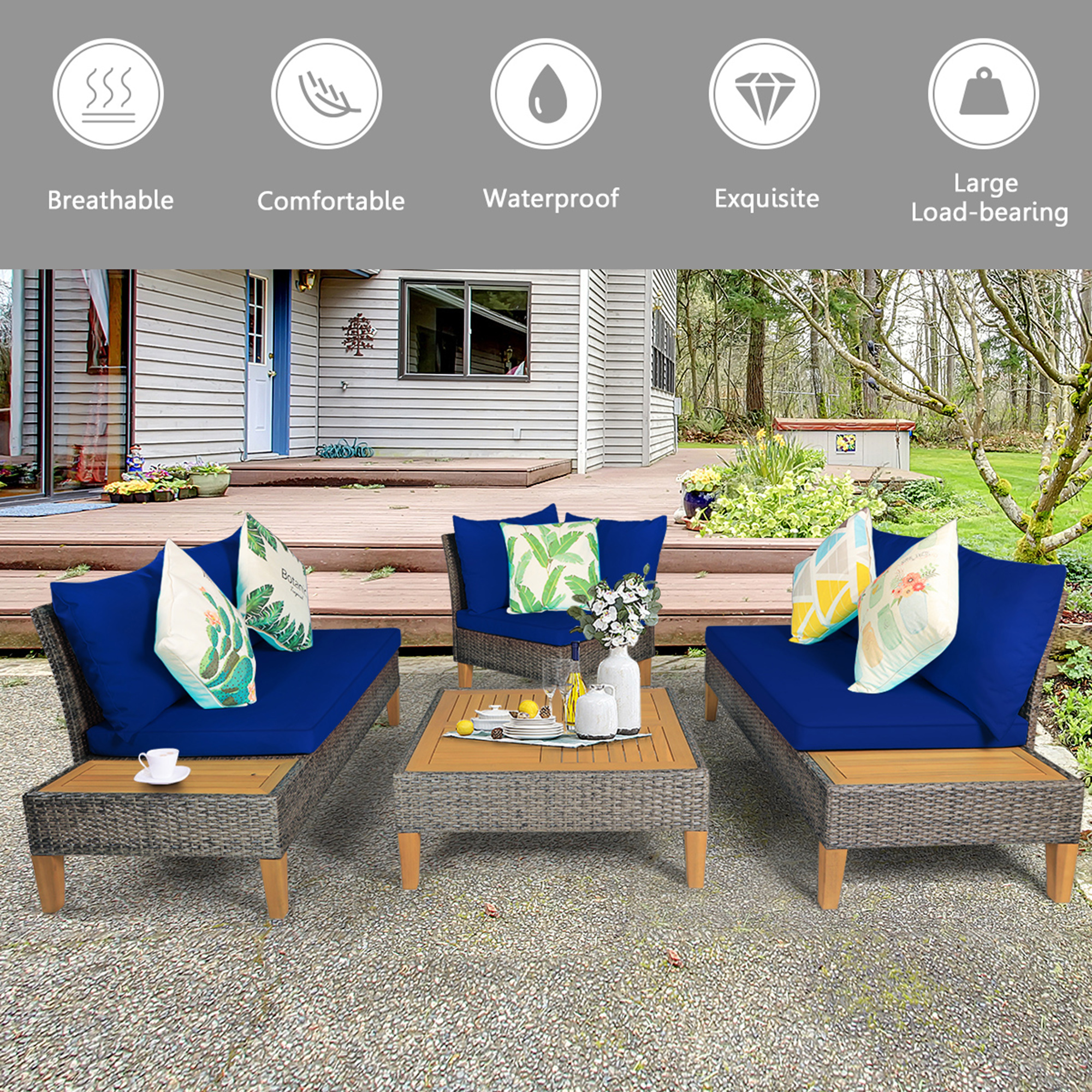 Gymax 4pcs Rattan Patio Sofa Set Outdoor Furniture Set W Navy Cushions Walmart Com Walmart Com