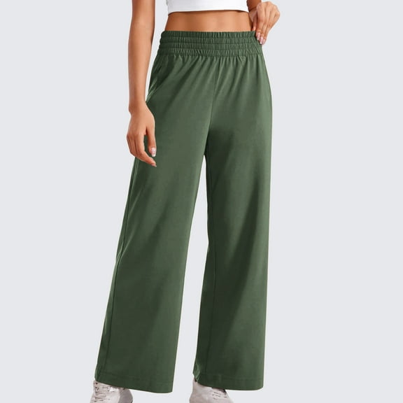 Ayolanni Wide-Leg Women's Pants on Petite Palazzo Army Green Elastic Band Solid Slacks Dress Pants Women L