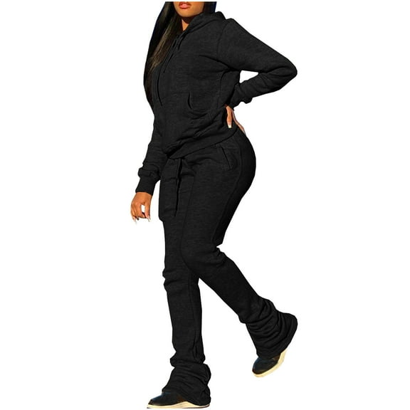 ibuvkizy Two Piece Sets for Women!Women's Fall/Winter Padded Sweatshirt Hoodie Sports Casual Drawstring Stacked Pants Set Long Sleeve Hooded Suit Black,M