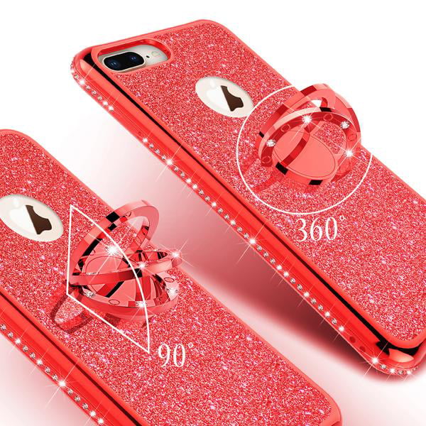 For iPhone SE 2020/8/7 Liquid Glitter Phone Case Girls Ring Kickstand Pink