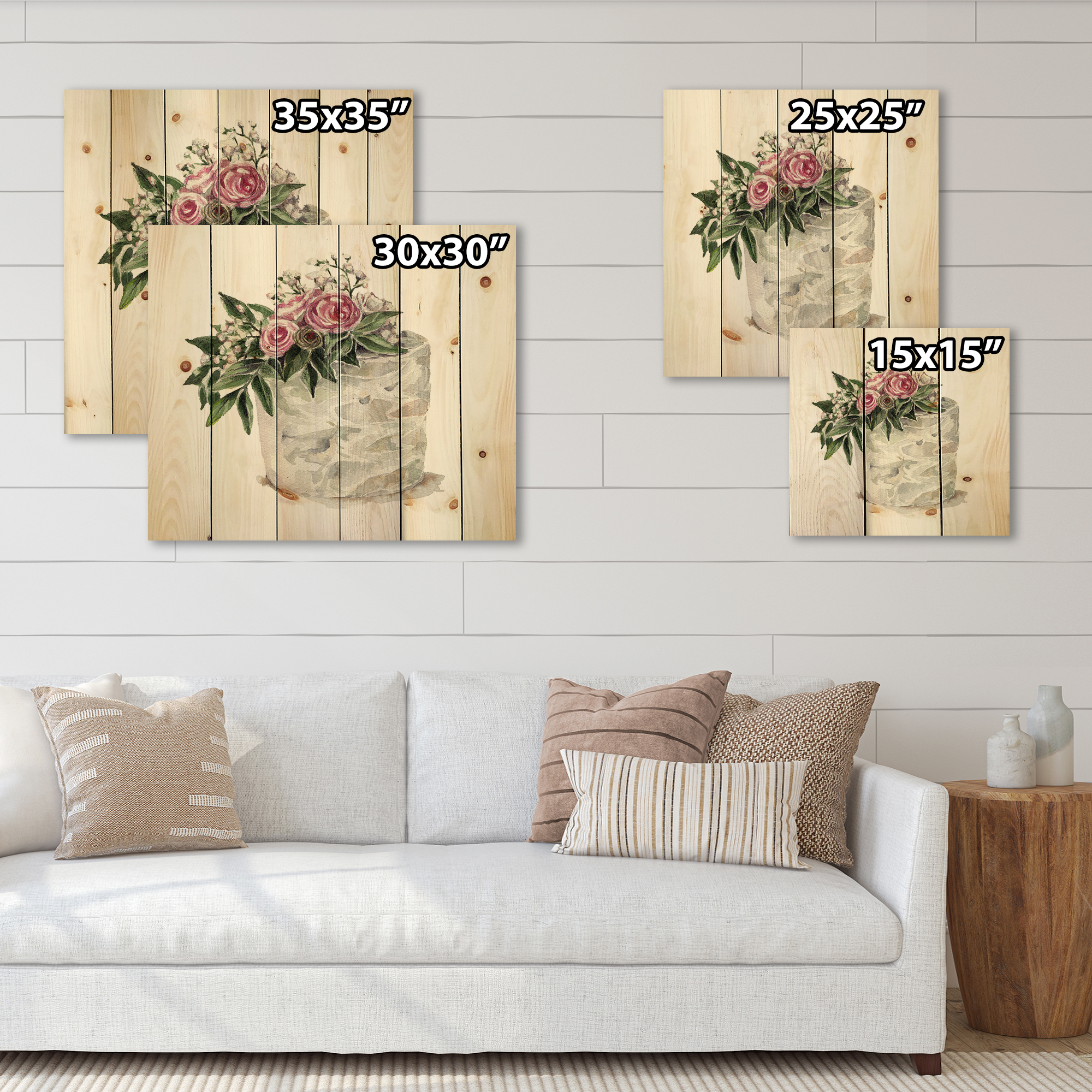 Designart 'White Flowers and Pink Roses On Cake' Traditional Print on Natural Pine Wood