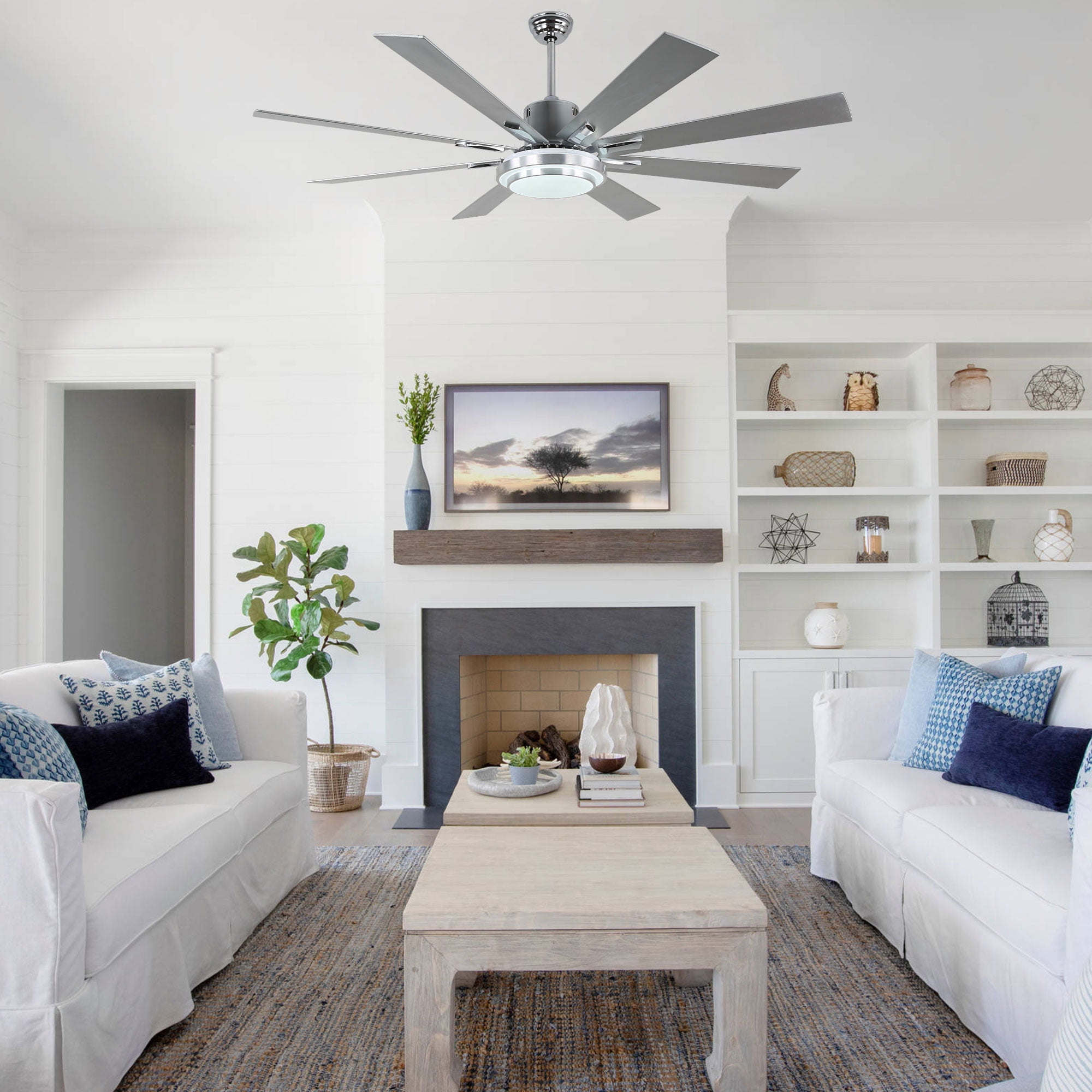 Bella Depot 72" Modern Silver LED Ceiling Fan 6-Speed Reversible Chandelier With Dimmable Light and Remote Control