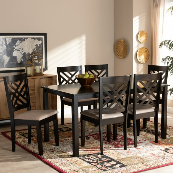 Baxton Studio Caron Modern and Contemporary Sand Fabric Upholstered Espresso Brown Finished Wood 7-Piece Dining Set