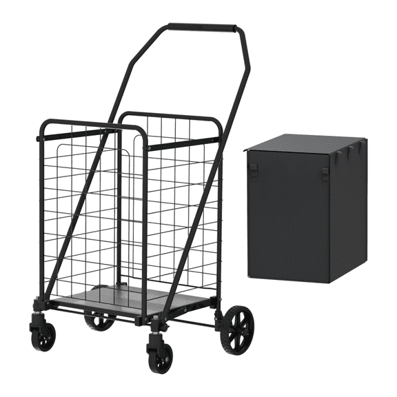 Shopping Cart with Shelf,Grocery Cart on Wheels, Foldable Utility Shopping Carts with Double Basket and 360 °   Rolling Swivel Wheels for Groceries Laundry