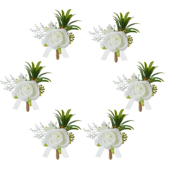 AOOOWER Pack of 6 White Artificial Rose Boutonniere Multipurpose Faux Florals Lapel Pin for Groomsmen Wedding Accessories