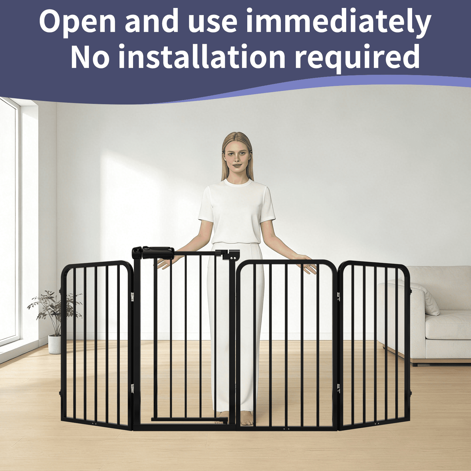 4-Panel Dog Gate with Door Freestanding Dual Lock Easy Open No Bend, 80in Adjustable for Doorway Stairs Metal