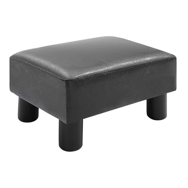 Ottoman Foot Rest, Small Foot Stool with Faux Leather Upholstery, Rectangular Ottoman Footrest with Padded Foam Seat and Plastic Legs, Bright Black 26