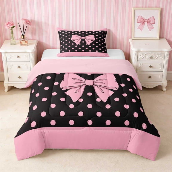 Erosebridal Pink Bow Butterfly Twin Comforter Sets for Girls, Girly Insect Floral Nature Bedding Set, Pink Reversible 2-Piece 1 Comforter and 1 Pillowcase