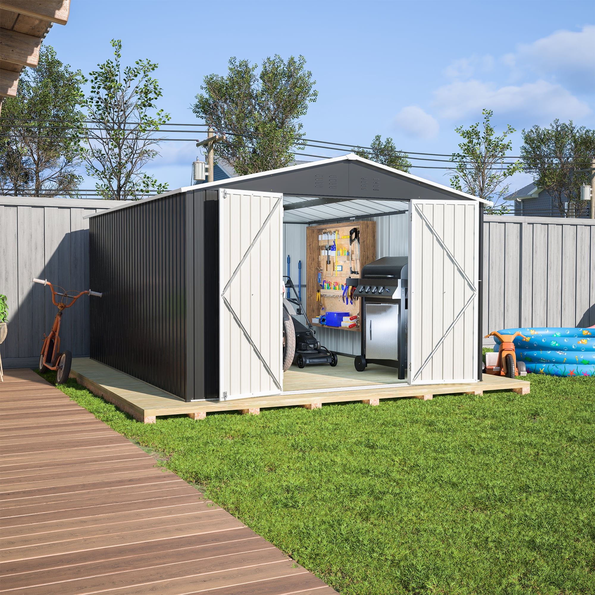 DetalleGo 10x12FT Metal Storage Shed - No Foundation Needed! Lockable Double Doors (49.5"x65"), Aluminum Frame & Galvanized Steel, All-Weather Garden Shed for Lawn Mower/Tools