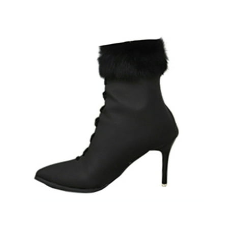 

Tenmix Ladies Winter Boot Comfort Fashion Booties Casual Ankle Boots Mid Calf Shoes Office Non-slip High Heel Short Bootie Fuzzy Black 5.5