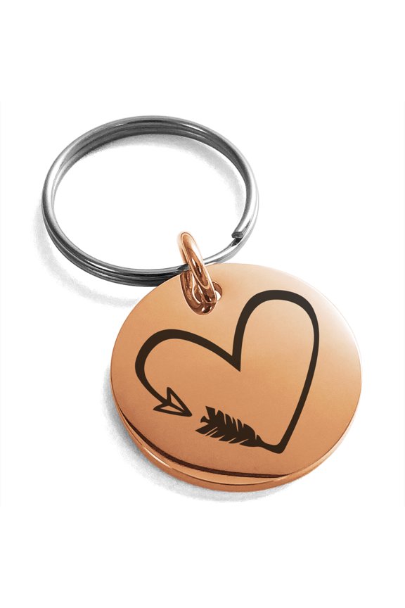 Stainless Steel Love Arrow Heart Engraved Small Medallion Circle Charm Keychain Keyring