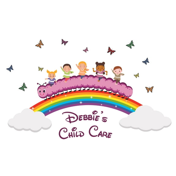 DAYCARE - Kids Bedroom Nursery Vinyl Decal Adhesive Personalized Name Daycare Design Home Wall Decal - DIY Stick And Peel Butterflies Rainbow Children & Caterpillar Art Wall Sticker 24" x 40"