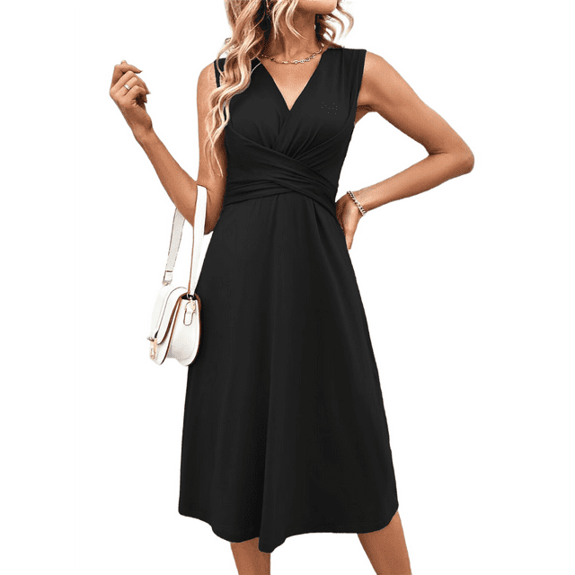 Vestido de Verano para Mujer, Cruzado, con Escote en V, Sin Mangas, Acampanado, Negro, Talla XXL