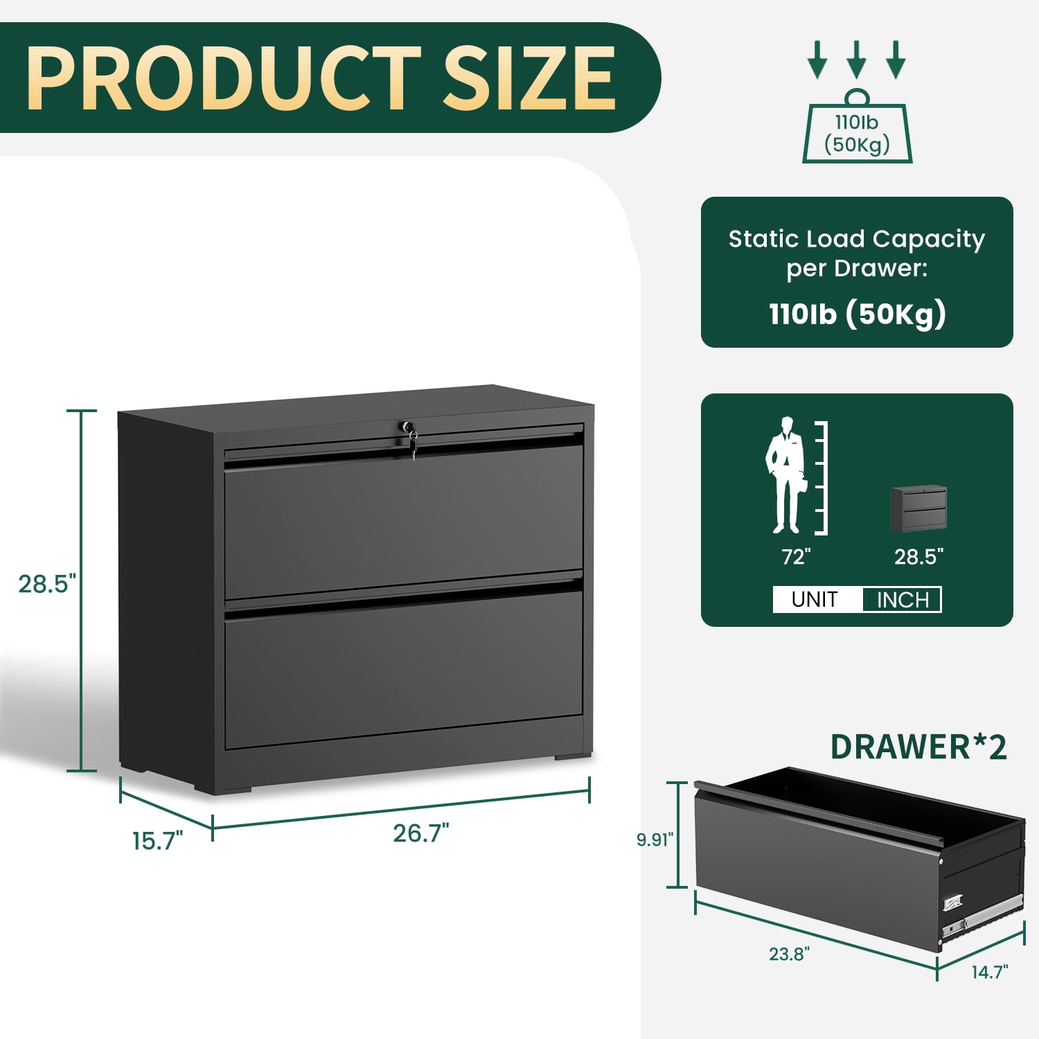 IKIMI 2-Drawer Lateral File Cabinet with Lock, 26.77" Wide Metal Filing Cabinet for Letter/Legal/A4 Files, Black