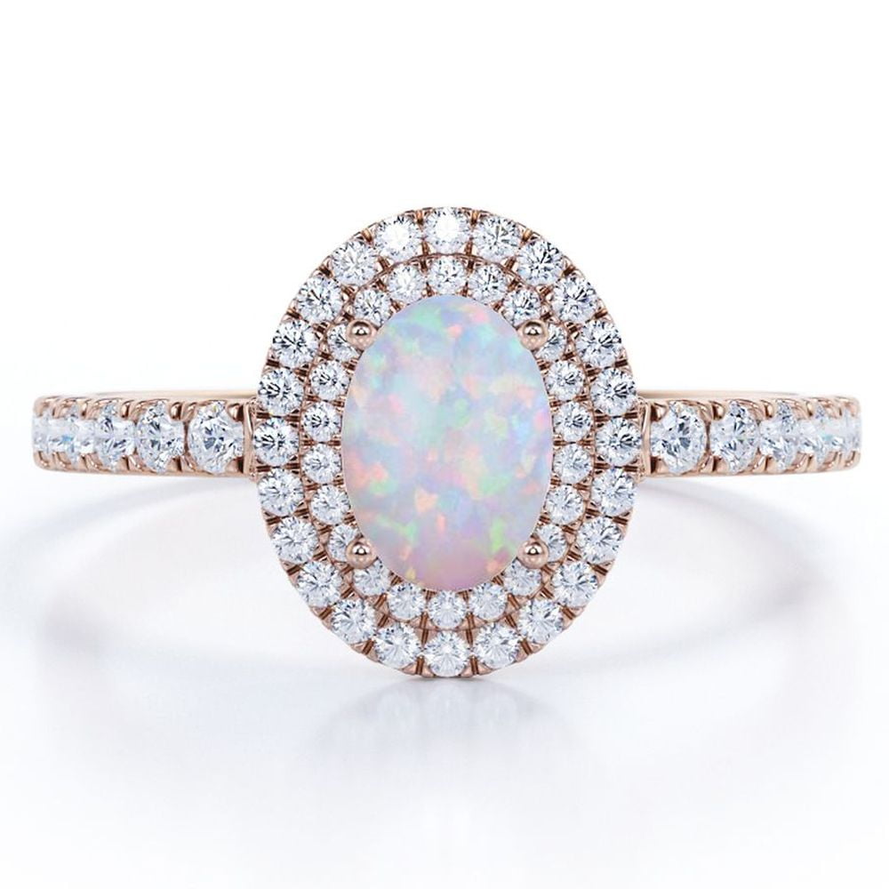 JeenMata 1.75 Carat Egg Shape Ethiopian Opal and Moissanite - Pave Set - Double Halo Cluster Engagement Ring - 18K Rose Gold Plating over Silver