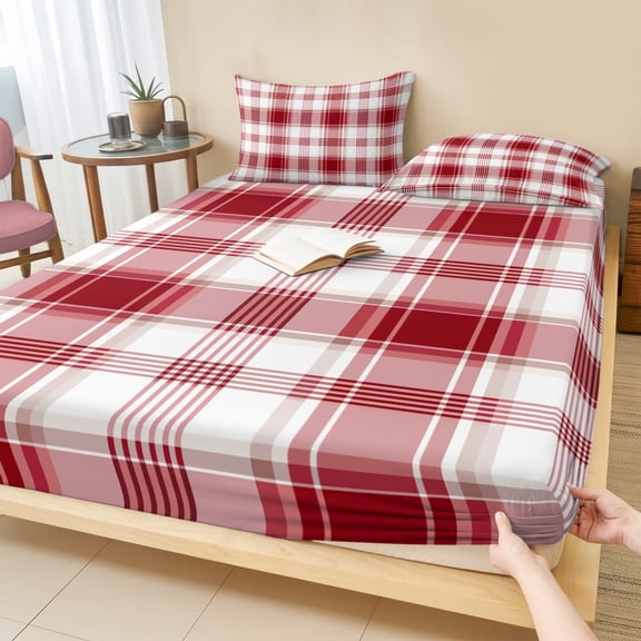 Cal.King Size Fitted Sheet Set - Red Checkered 3 Piece Bedding Sets 16" Deep Pocket Fitted Sheet with 2 Pillowcases, Red White Plaid Farmhouse Brushed Microfiber Hotel Luxury Bed Sheets