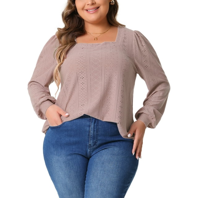Camisas elegantes de ojo de perdiz de manga larga con escote cuadrado para mujeres de tallas grandes Agnes Orinda 1X Rosa oscuro