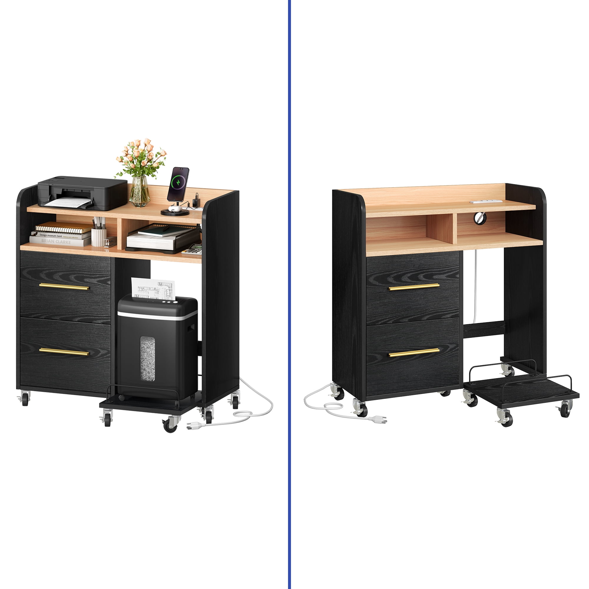 ModFusion 35.1" File Cabinet: 2-File Drawer, Charging Station, Pull-out Shelf with Carts for Paper Shredder, Wheel with Brake to Lock, 2.9x1.3x2.9 ft Printer Stand, Black