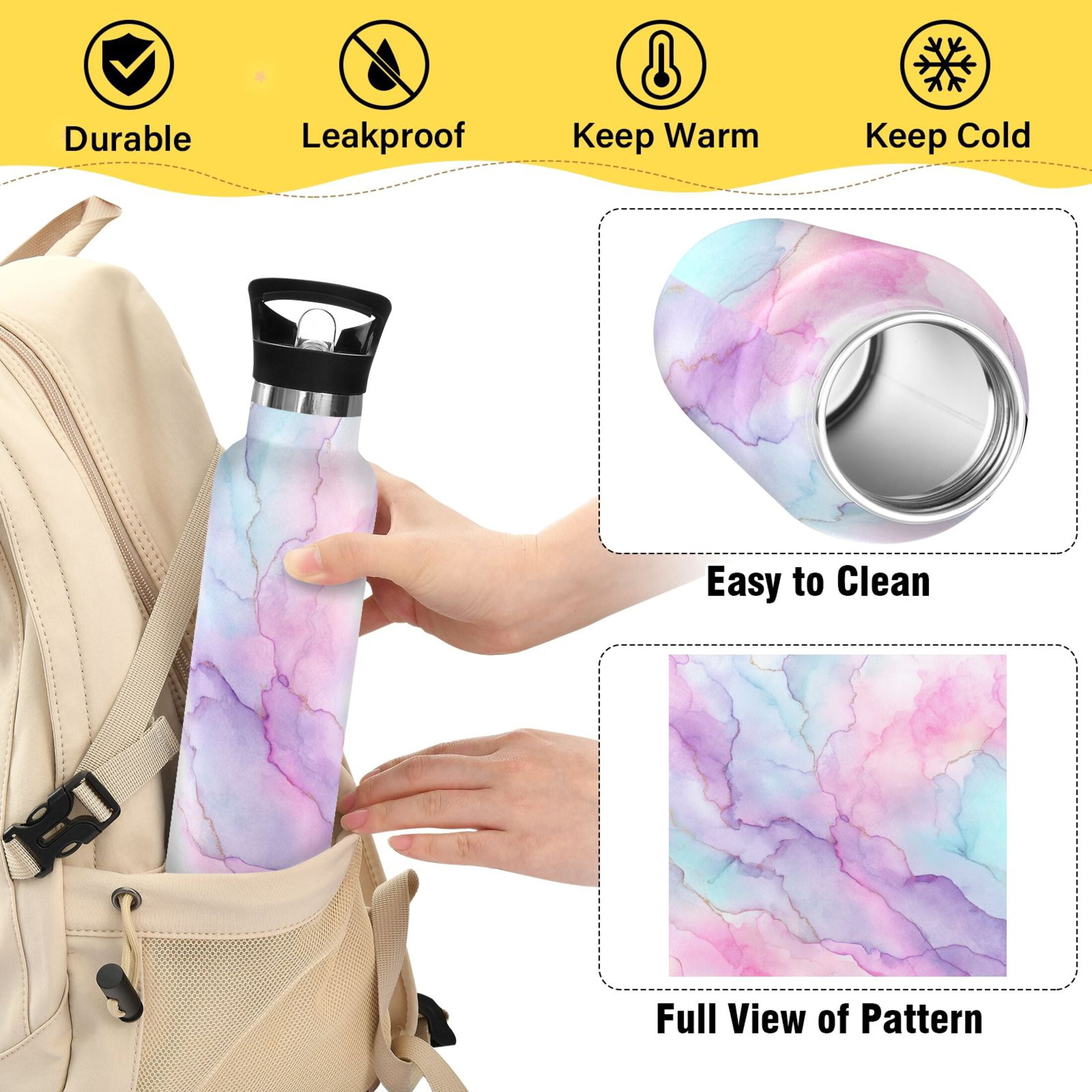 Kids Insulated Stainless Steel Sports Water Bottle 600ml (20oz) Pastel Pink Marble Texture