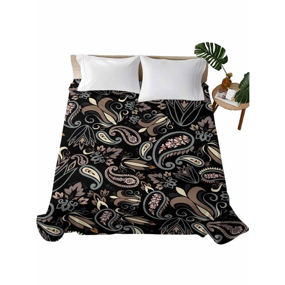 Twin Flat Sheet 66"x96", Boho Black Floral Soft Lightweight Bedding Flat Sheets Only, Farmhouse Botanical Vintage Paisley Flower Brushed Microfiber Top Bed Sheet, Breathable StainResistant Bedsheets