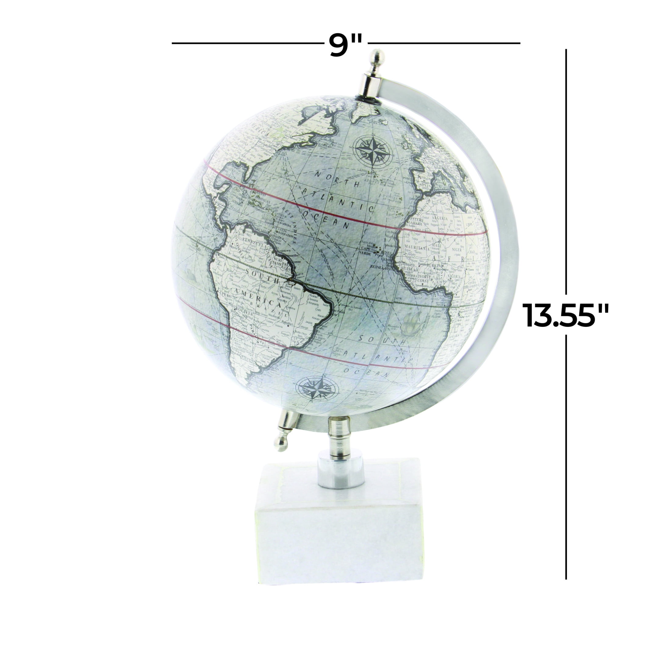 DecMode 9" White World Map Globe with Marble Base