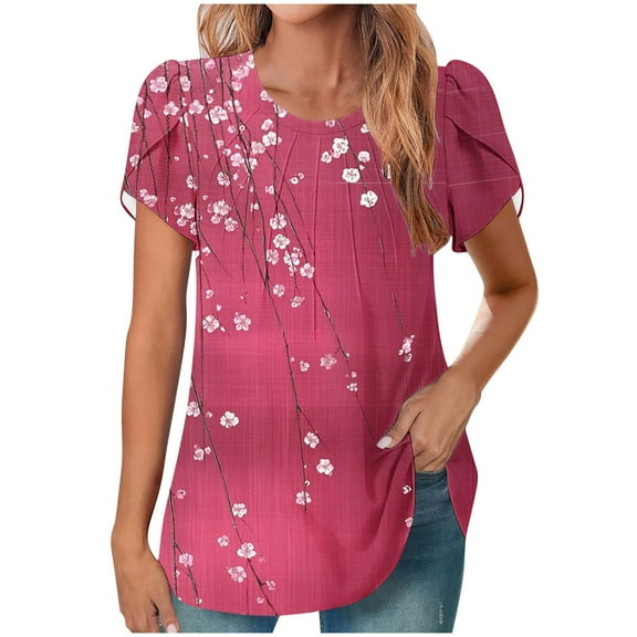 FamilyThread Women Tunic Short Sleeve Tops Loose Blouse Casual Floral Print T Shirt Pleated Summer Trendy Curved Hem Tee
