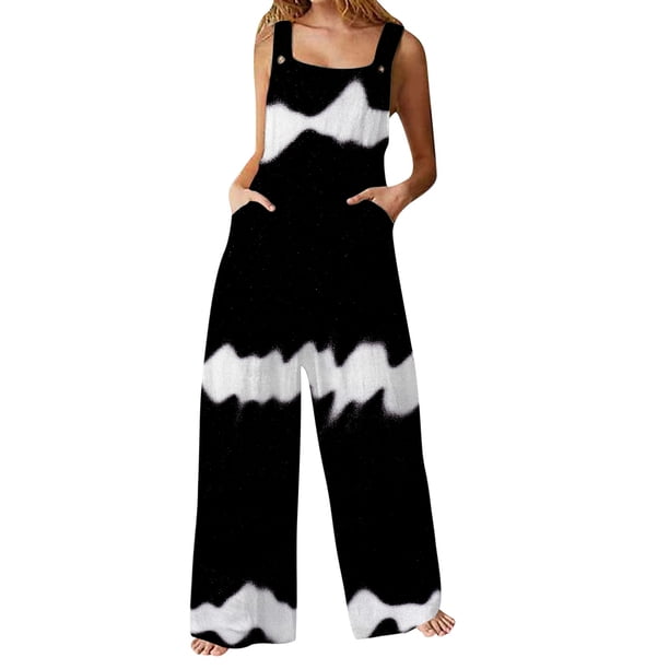 Gibobby pantalones siameses de pierna ancha Monos de mujer Verano Casual Suelto Sin mangas Patchwork Doble bolsillos Mono Estampado floral Boho Pierna ancha Babero en general(Negro, M)