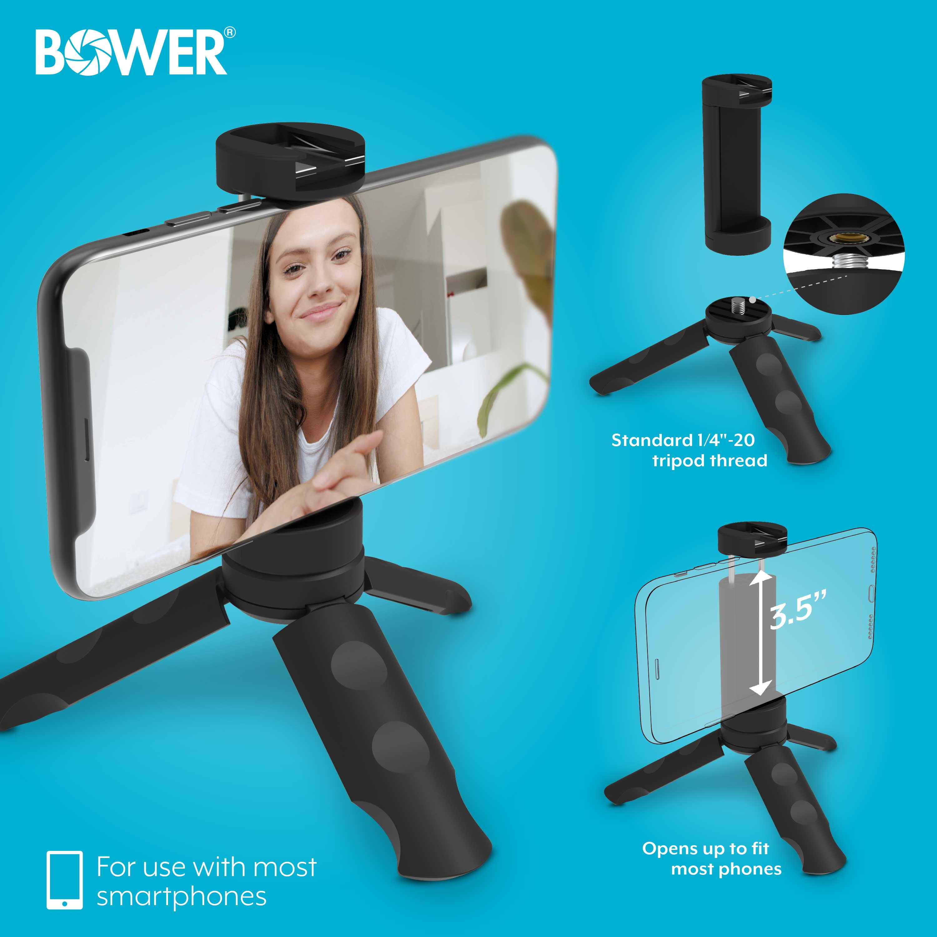 (2 pack) Bower Mobile Top Grip Tripod with Cold Shoe Mount and 360 Degree Smartphone Holder, also compatible with LED lights, flashes & microphones, Black