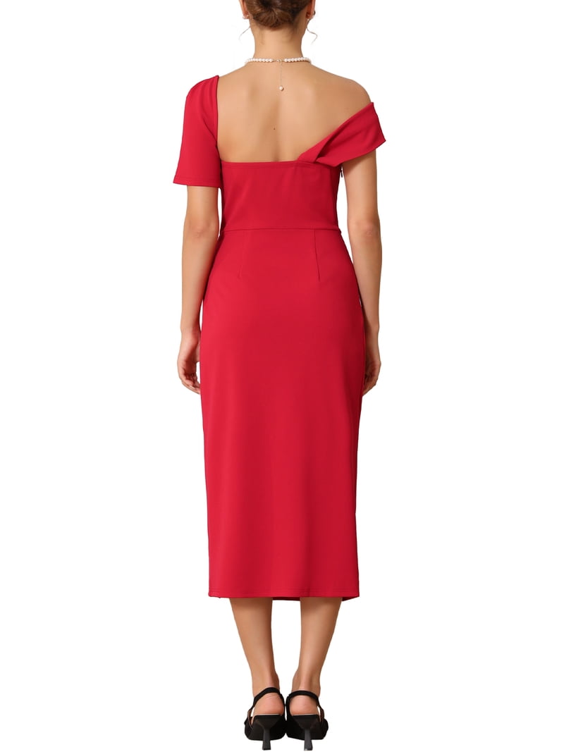Inspire Chic Women's One Shoulder Dress Cocktail Ruched Split Hem Wedding Guest Formal Dresses S Red, Size: Small