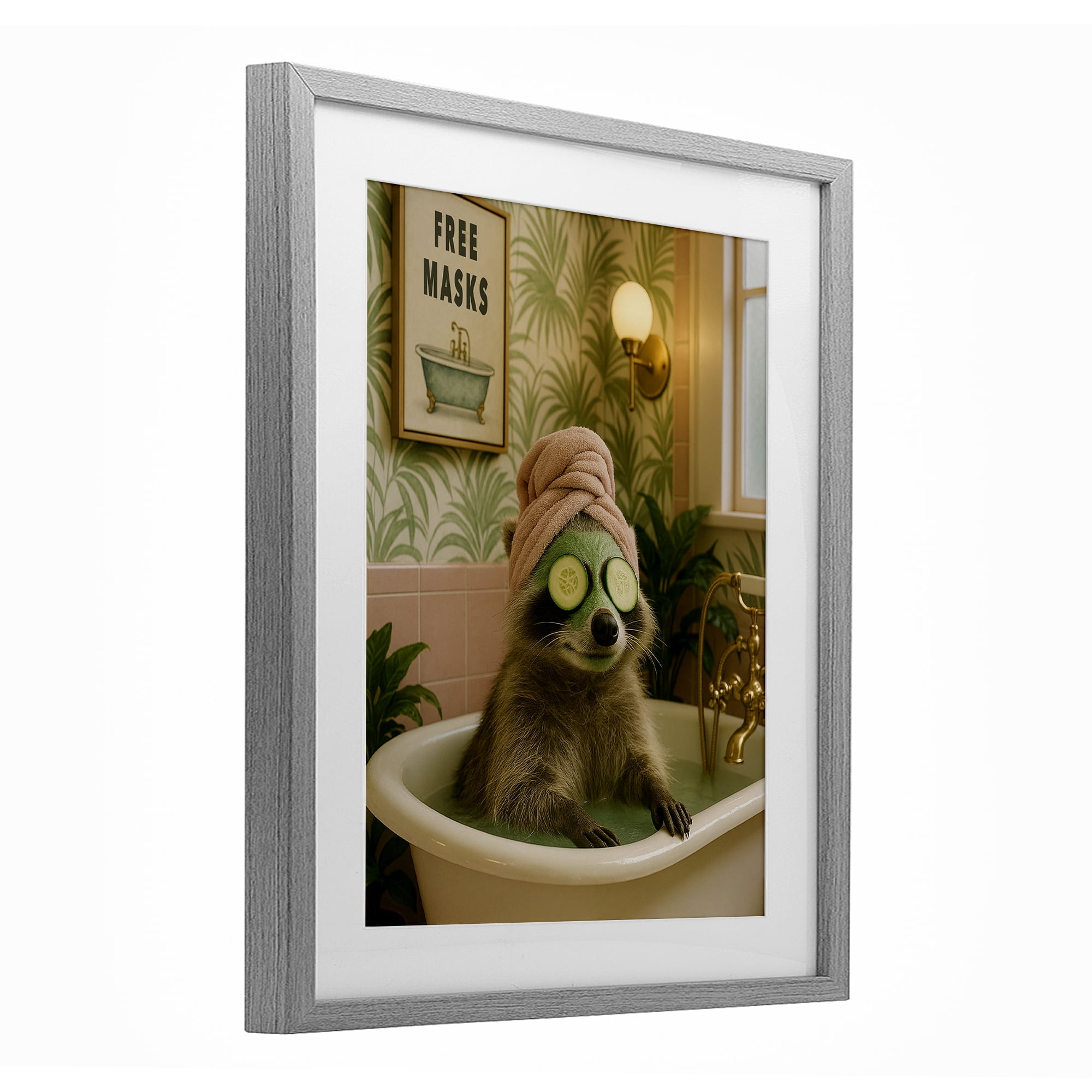 Stupell Industries Raccoon Spa Day Bath Gray Framed Print Under Glass, design by Grotto Studios