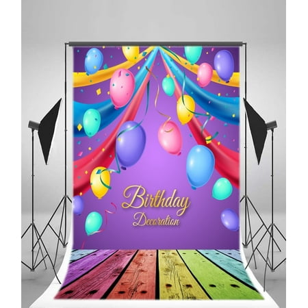 MOHome Polyester Birthday Backdrop 5x7ft Colored Balloons Ribbons Hardwood Floor Party Theme Decoration Celebration Family Children Baby Kids Gilrs Boys Toddler Photos Digital Video Studio
