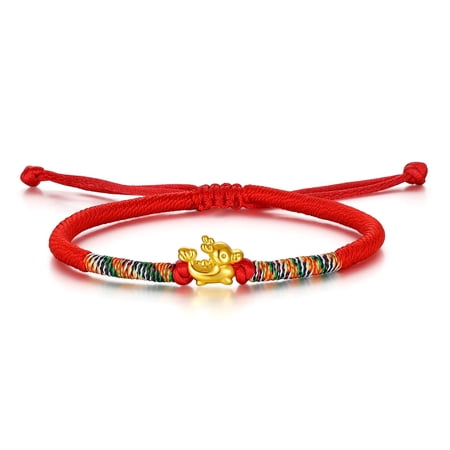 ZHOU LIU FU 24K Solid Gold Mini Chinese Zodiac Animal Charm Red String Bracelet for Women - Loong