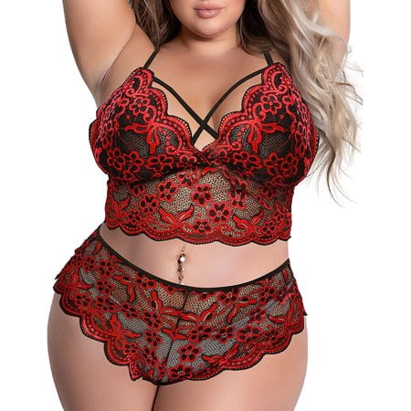 Plus Size Lingerie Set for Women， Sexy Cross Strappy Lace Up Bra