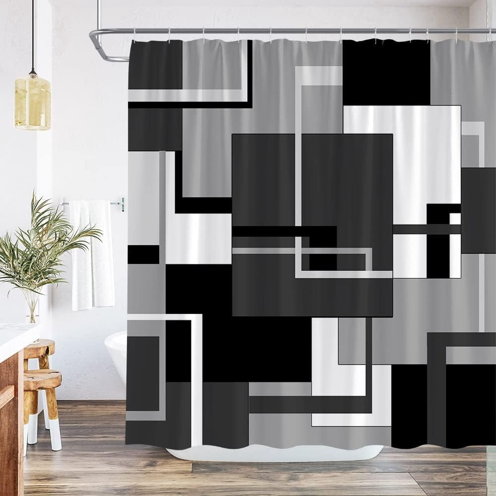 Gray Geometric Shower Curtain Black White and Gray Abstract Minimalist Line Geometry Mid Century Polyester Fabric Bathroom Accessories Set Include Hooks 36Wx70H Inch