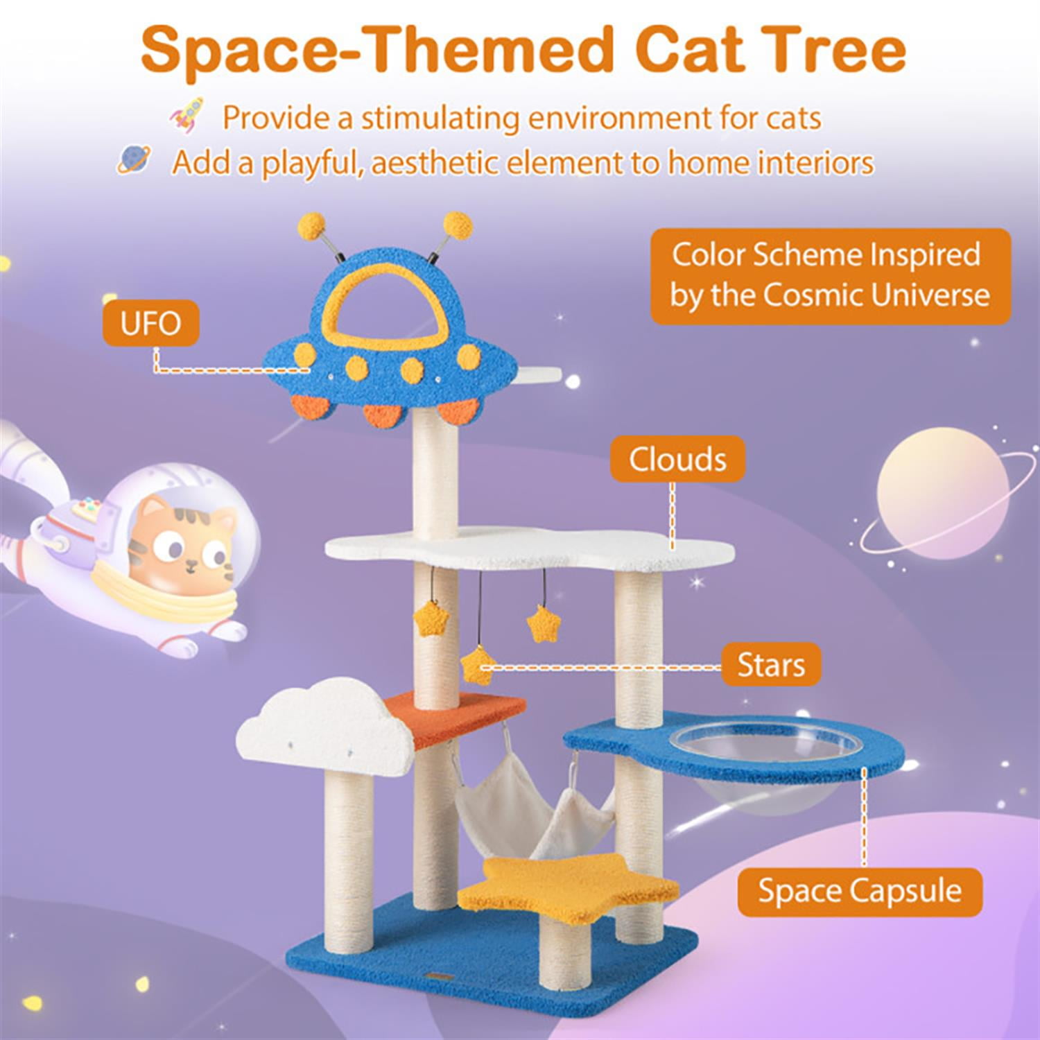Kadyn Cat Tree with Toy, Cat Tower Condo for Indoor Cats with UFO Top Perch Space Capsule, Cozy Hammock and Sisal Scratching Posts, Blue