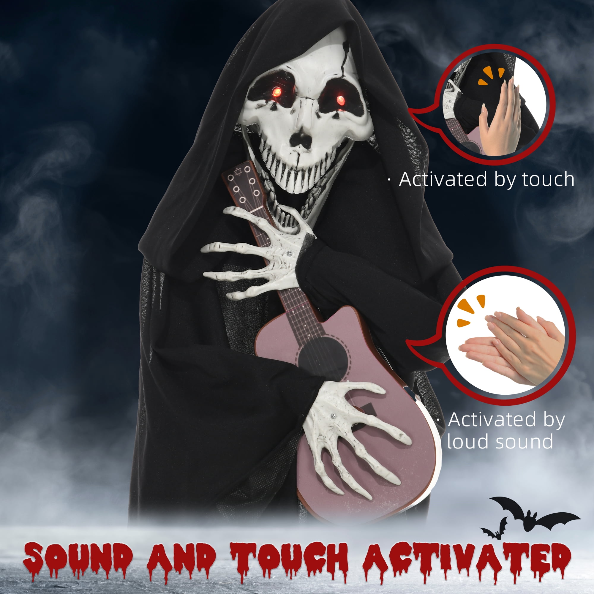 4.3' Outdoor Halloween Decoration Animatronic Guitar-playing Grim Reaper, Sound and Motion Activated Animated Prop with Light Up Eyes & Guitar Music