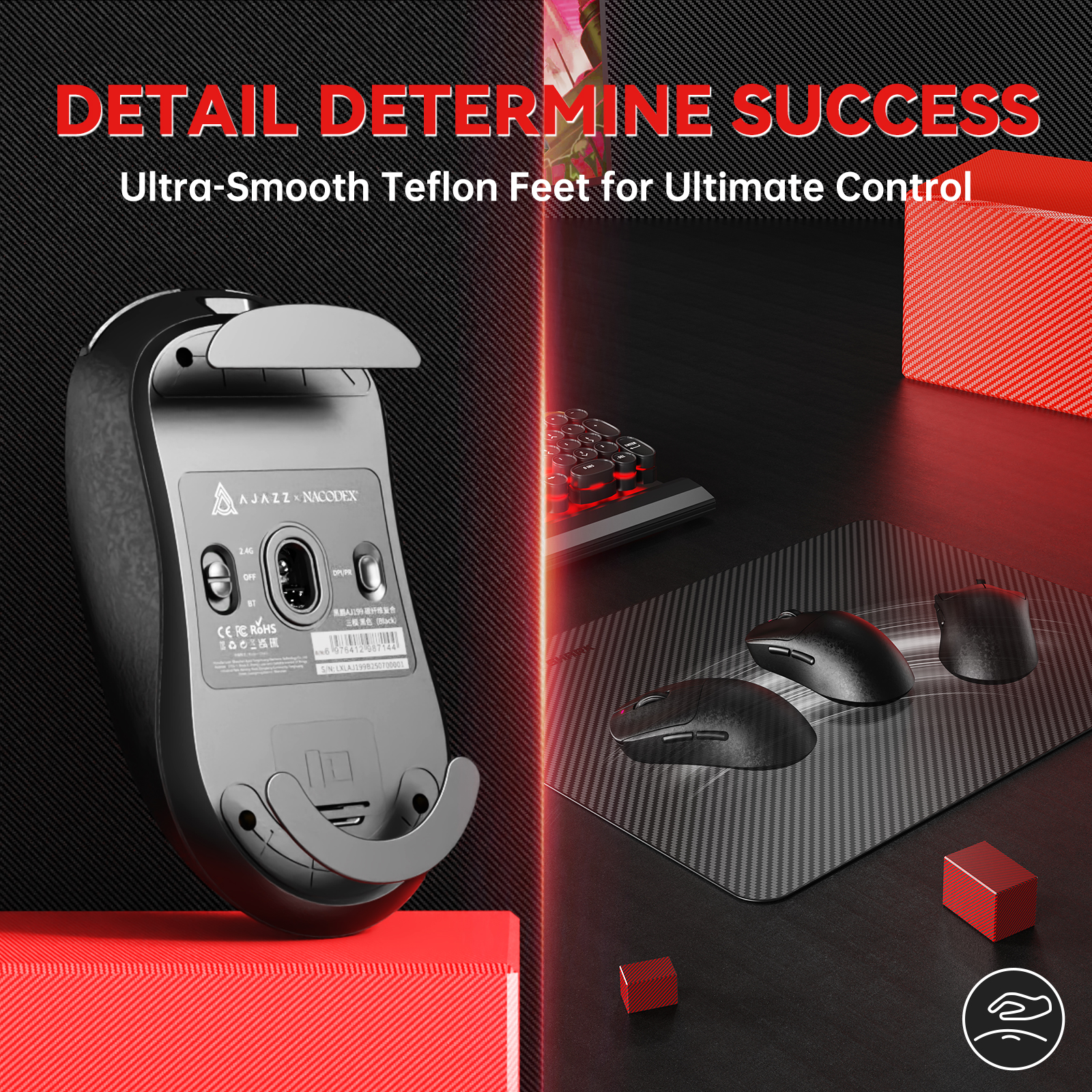 Ajazz Ultra-Lightweight 55g Wireless Gaming Mouse 24000 DPI PAW3311 Sensor Carbon Fiber Shell TTC 60M Clicks Switches 500mAh Battery 1K Polling Rate Durable & Anti-Slip Design Black
