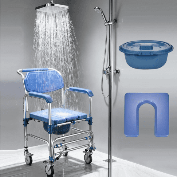 Qunbio Shower Chair with Wheels, 330 lbs Load Bedside Commode Rolling Shower Chair with Extended Handrail, Waterproof Soft Seat Adjustable over Toilet Chair