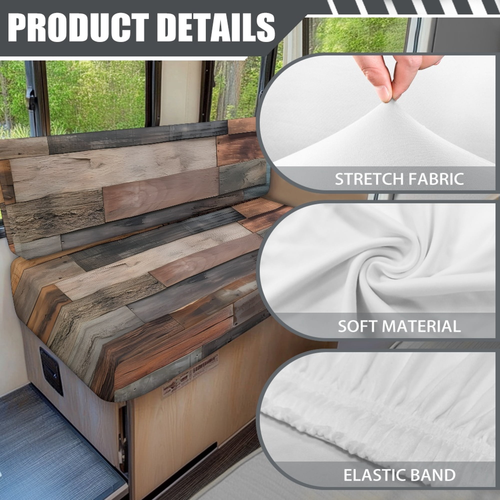 FOR U DESIGNS Wood Pattern 2 Pcs RV Dinette Cushion Covers Anti-Slip Camper Cushion Slipcover Stretch 2 Seat Sofa Chair Cover 1 Backrest Covers and 1 Bench Covers