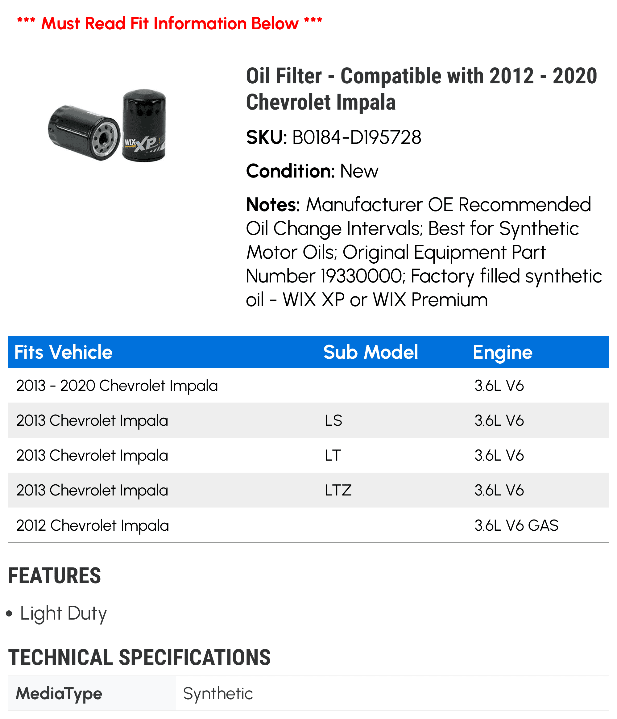 Oil Filter - Compatible with 2012 - 2020 Chevy Impala 2013 2014 2015 2016 2017 2018 2019
