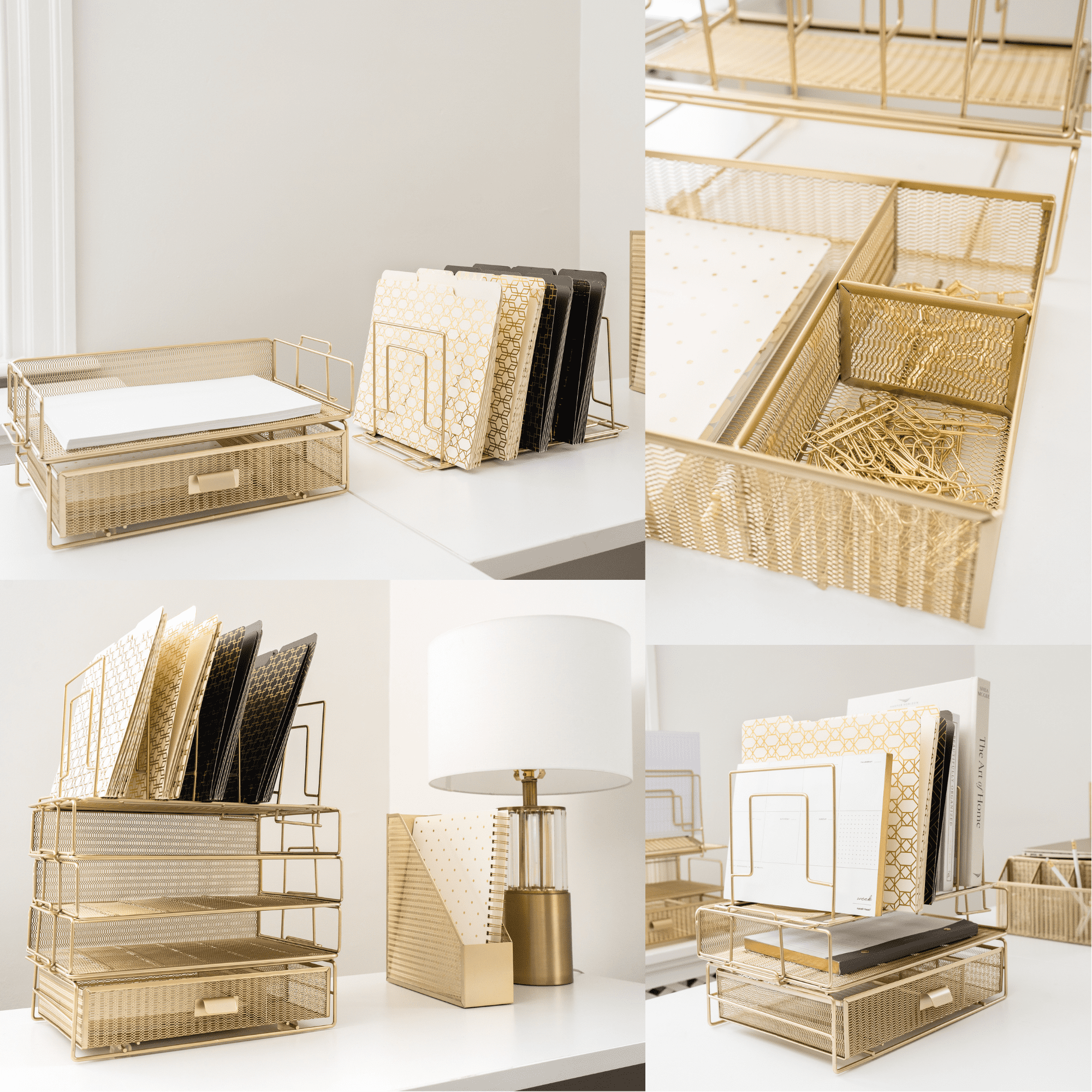 Gold Desk Organizer - Gold Desk Accessories for Women Office Set Includes Detachable File Organizer, Stackable Paper Tray, Stackable Drawer - Gold Office Supplies for Desk Gold File Organizer for Des
