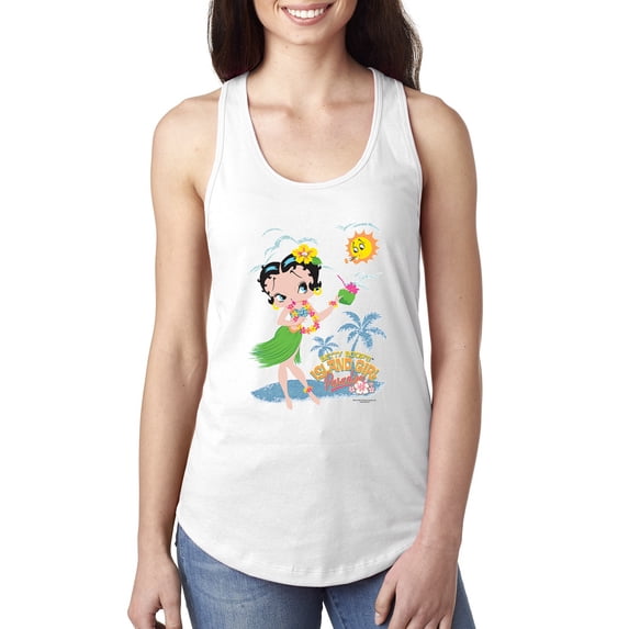 Wild Bobby, Betty Boop Island Girl Paradise Betty Boop Ladies Racerback Tank Top, White, Small