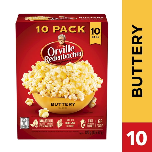 Orville Redenbacher Popcorn - Microwave Buttery (10 bags, 82g), Non-GMO, whole grain microwave popcorn with a high source of fibre and gluten free