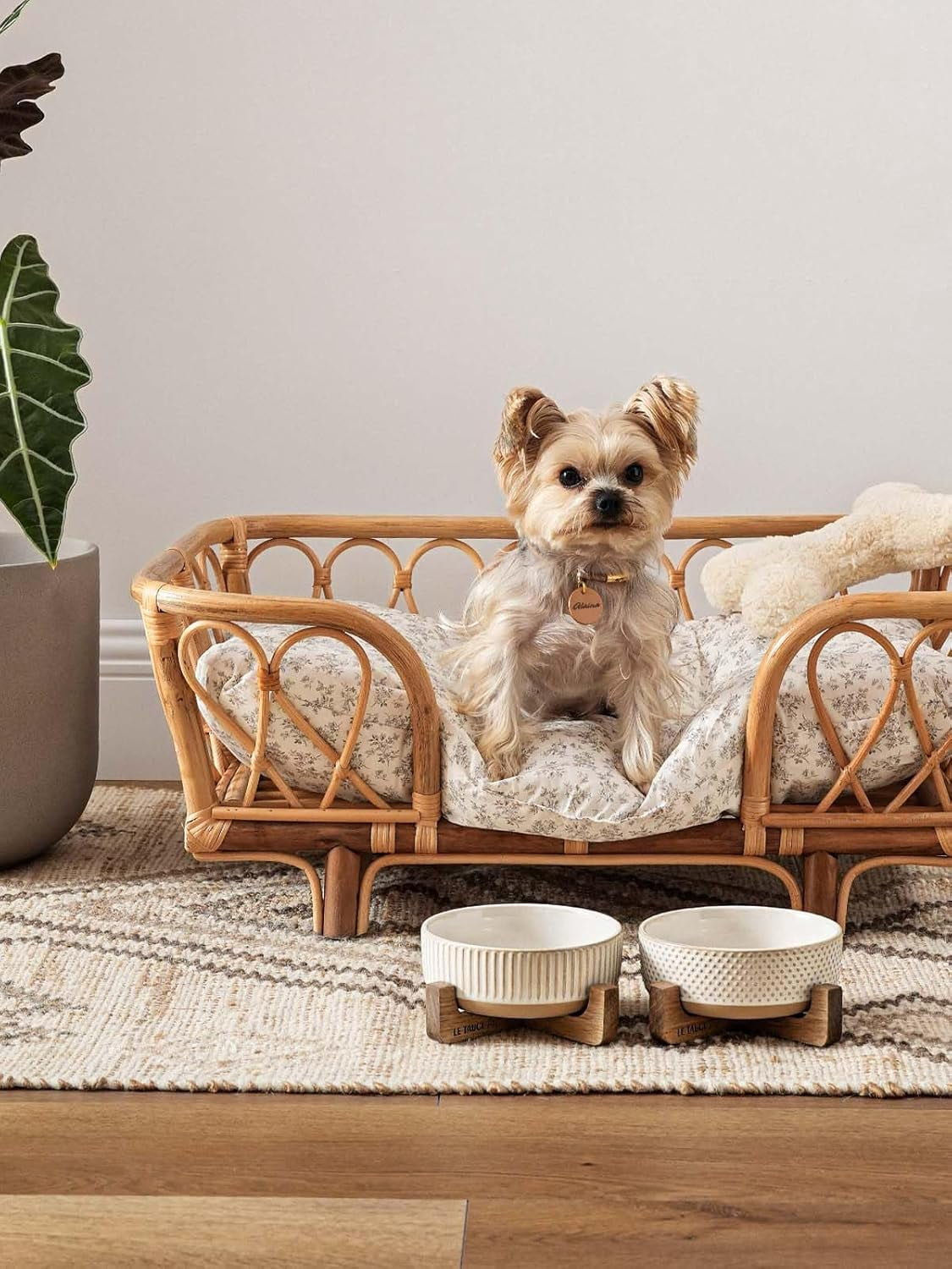 Ceramic Dog Bowls with Wood Stand - 4 Cup Medium Pet Food and Water Dishes Set of 2, Lines and Dot Design