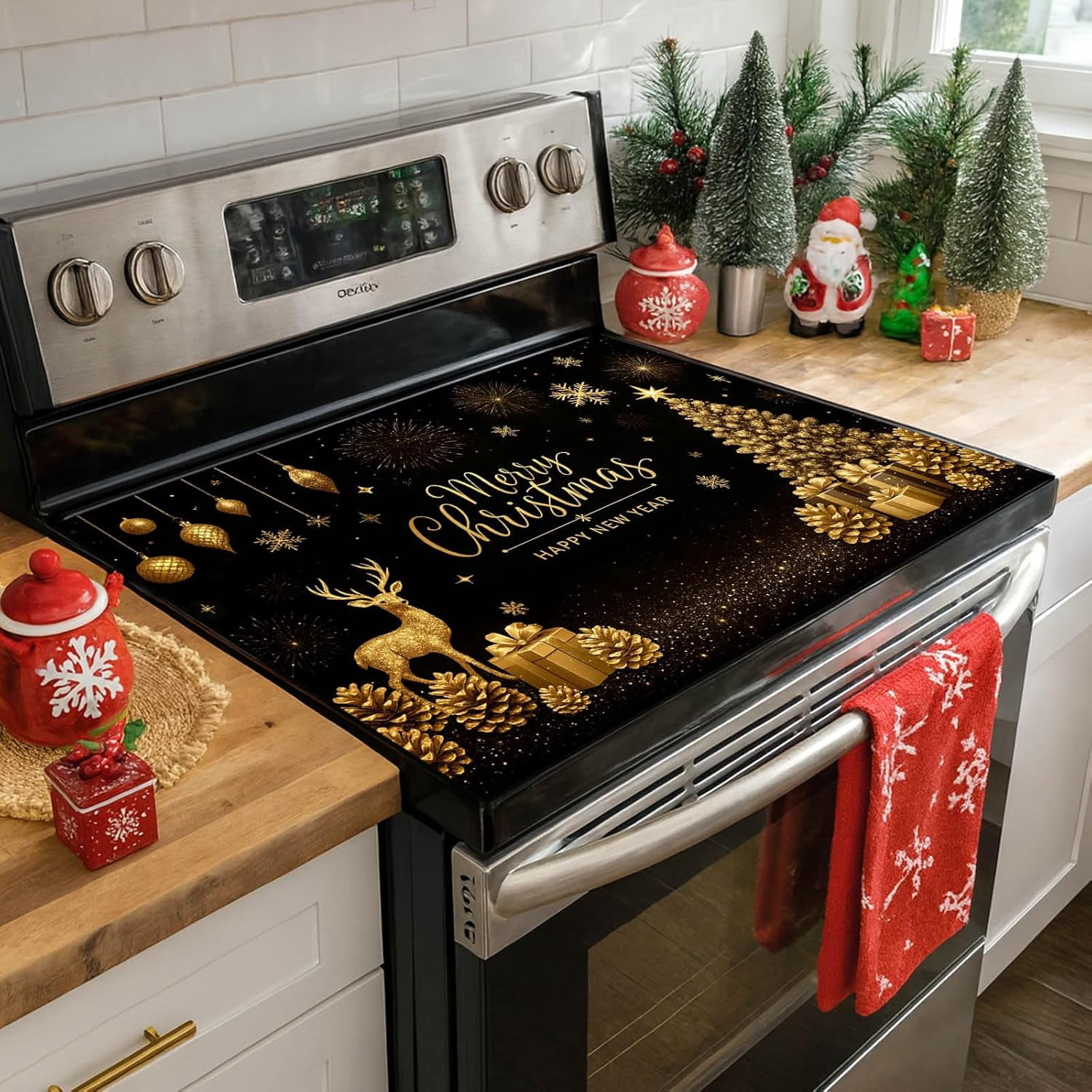 Christmas Stove Top Cover 28x20 Inch Glass Top Protector Silicone Cooktop Mat Heat Resistant Stovetop Cover Golden Deer Tree Holiday Kitchen Decoration