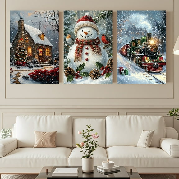 3pcs Eclectic Christmas Canvas Art Set, Winter Snowman & Holiday Train Scenes, Horizontal Oblong Canvas Wall Art, Unframed Poster Panels for Living Room, Bedroom, Studio