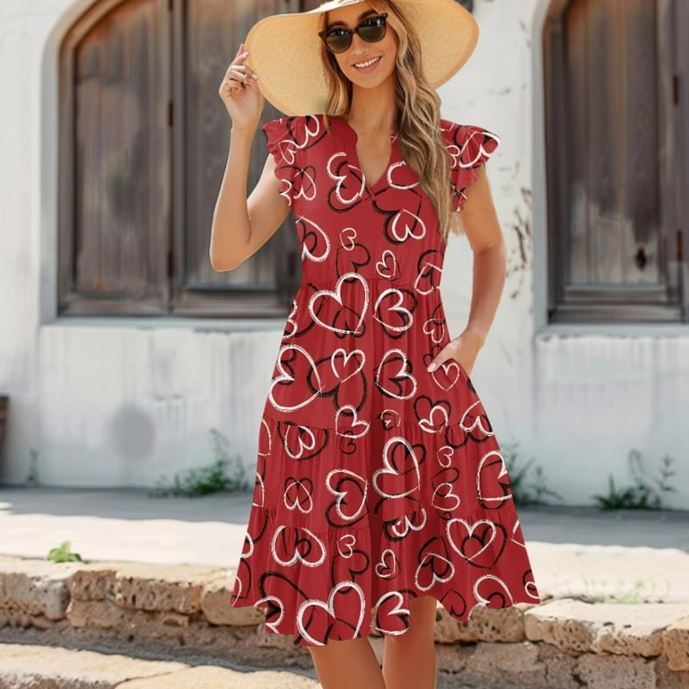 knee length dresses for ladies Rihoas Chiffon Midi Dress Sweetheart Neck Spaghetti Strap for Valentine's Date, Wedding Guest, Red / XL