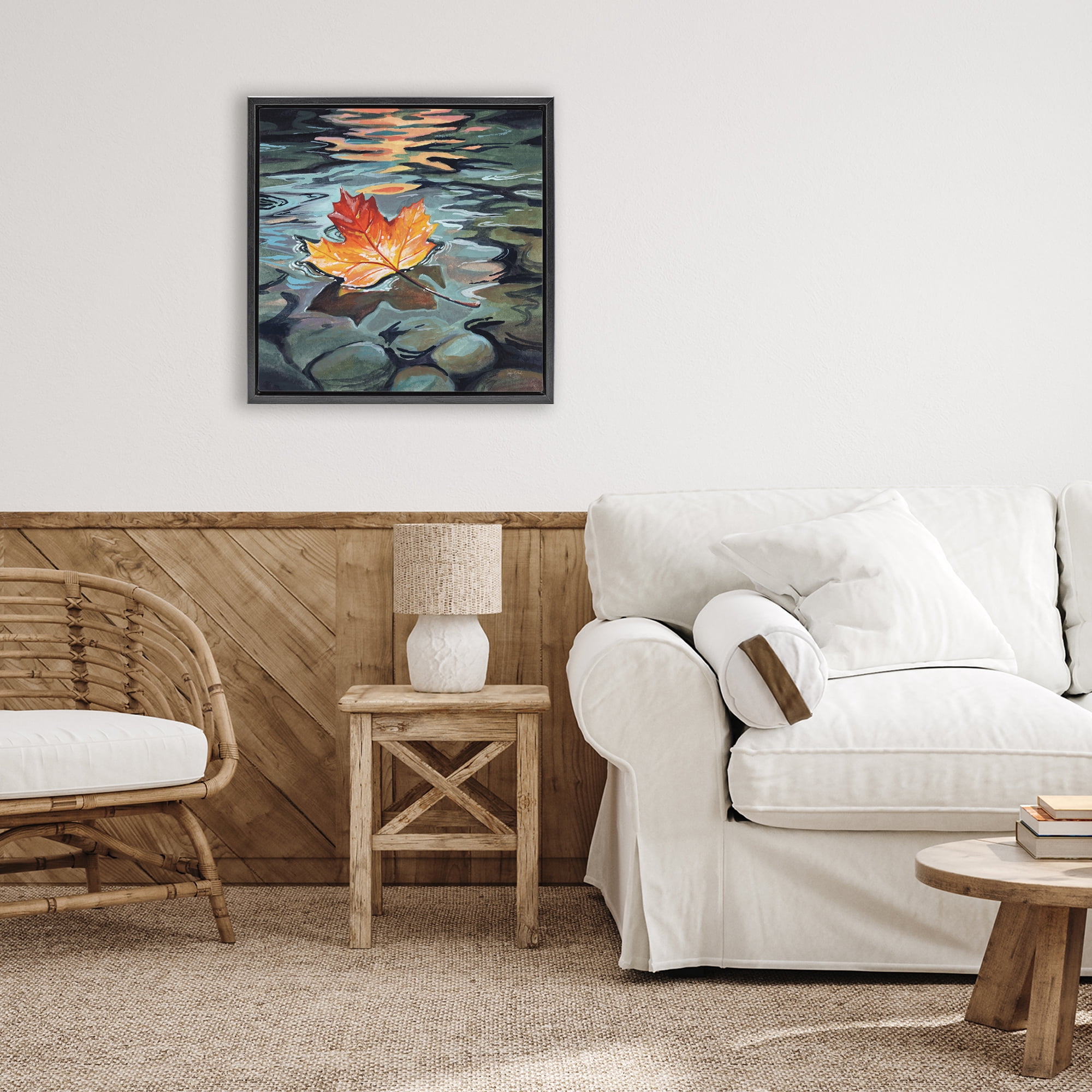 Stupell Industries Maple Leaf Floating in Stream Black Framed Floater Canvas Wall Art, design by Kate Jarvik Birch
