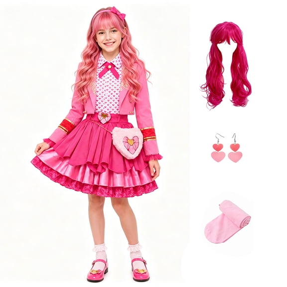 Pink Princess Rise Red Cosplay Costume, Jacket with Puff Dress Earrings Socks and Wig, Halloween Costume for Anime Party